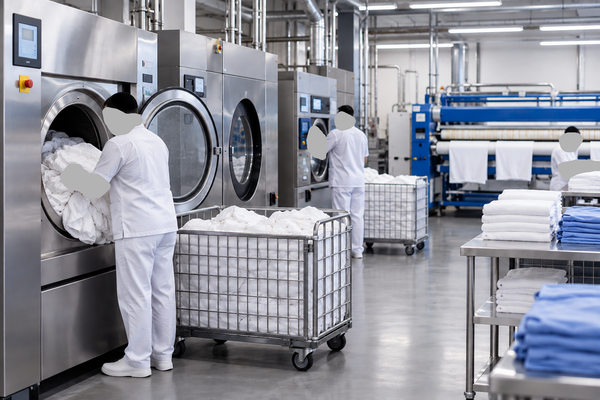 Commercial laundry facility workers and industrial washing machines